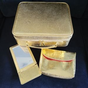Vintage Estee Lauder Gold Cosmetic Travel Case, matching Mirror AND Makeup Bag.